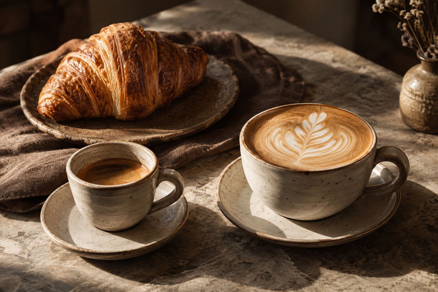 Espresso, cafea cu lapte și un croissant pe o masă din piatră